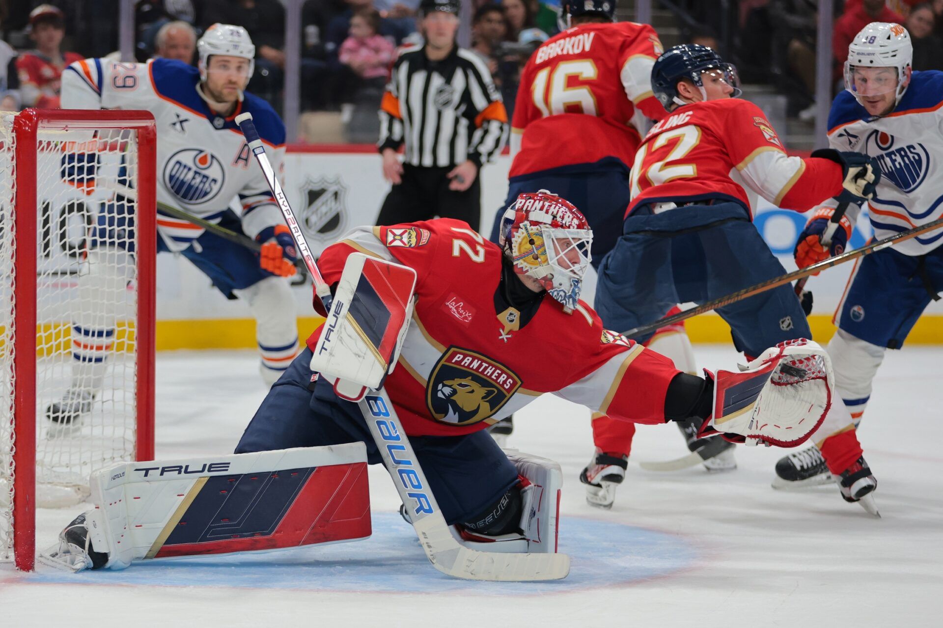 Florida Panthers goaltender Sergei Bobrovsky (72) makes a save against the Edmonton Oilers during the third period at Amerant Bank Arena.