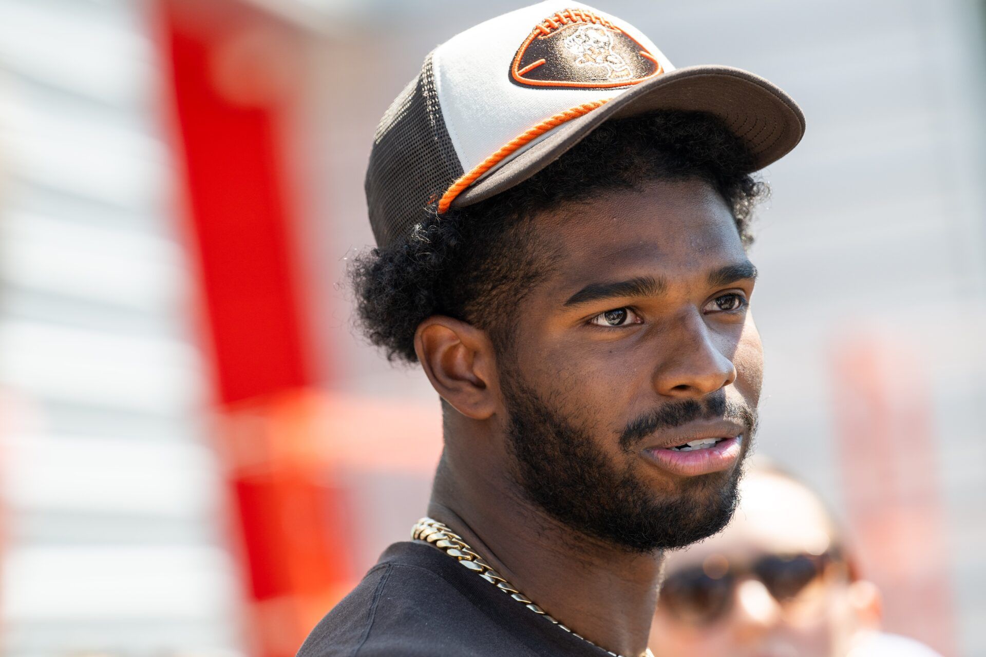 Cleveland Browns quarterback Shedeur Sanders (12) talks to the media during rookie minicamp at CrossCountry Mortgage Campus.