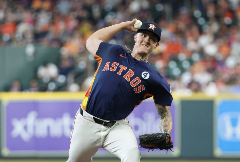 Houston Astros starting pitcher Hunter Brown (58) pitches against the Tampa Bay Rays in the first inning at Daikin Park.