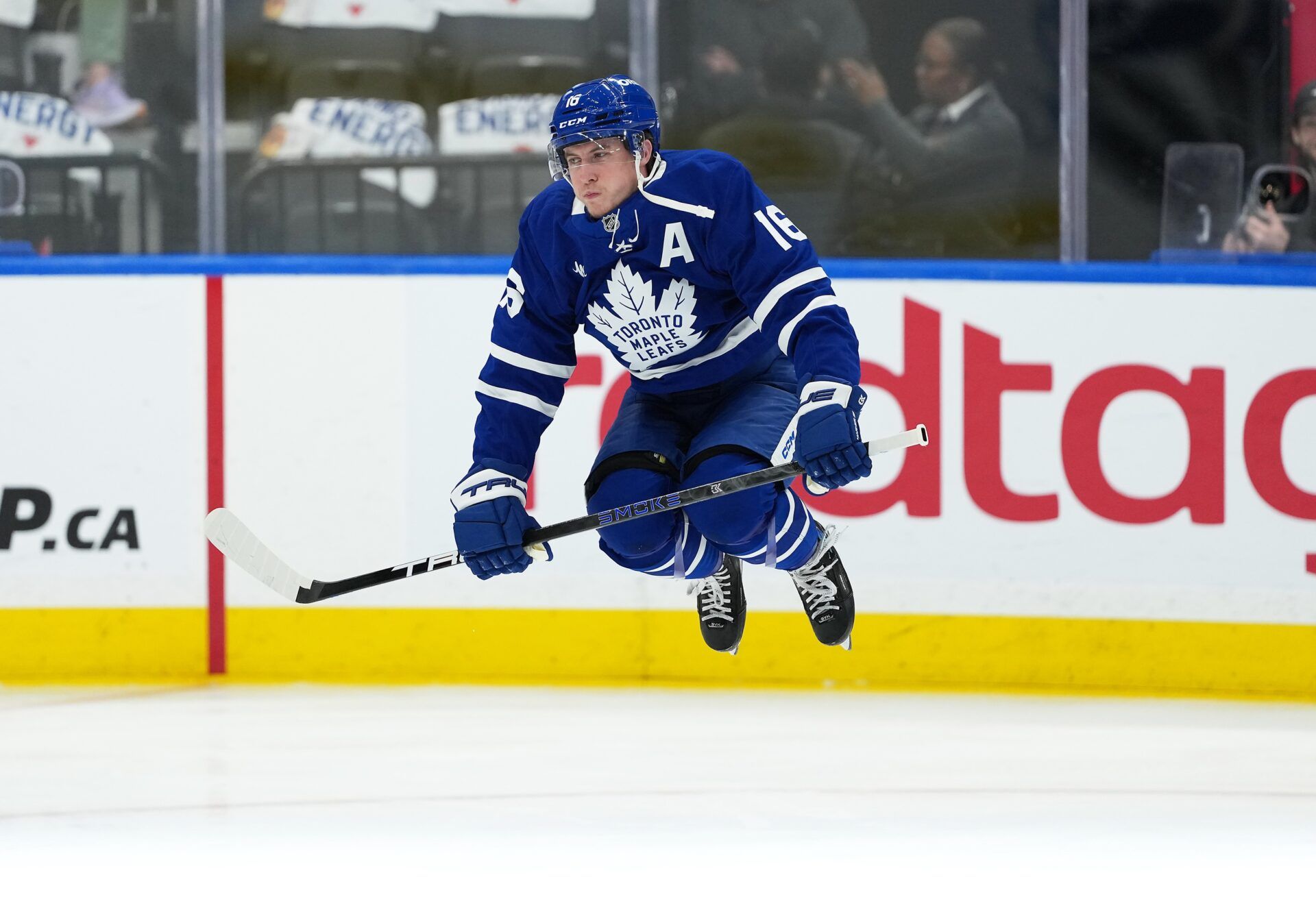 Toronto Maple Leafs right wing Mitch Marner (16) jumps during the warmup before game two of the second round of the 2025 Stanley Cup Playoffs against the Florida Panthers at Scotiabank Arena.