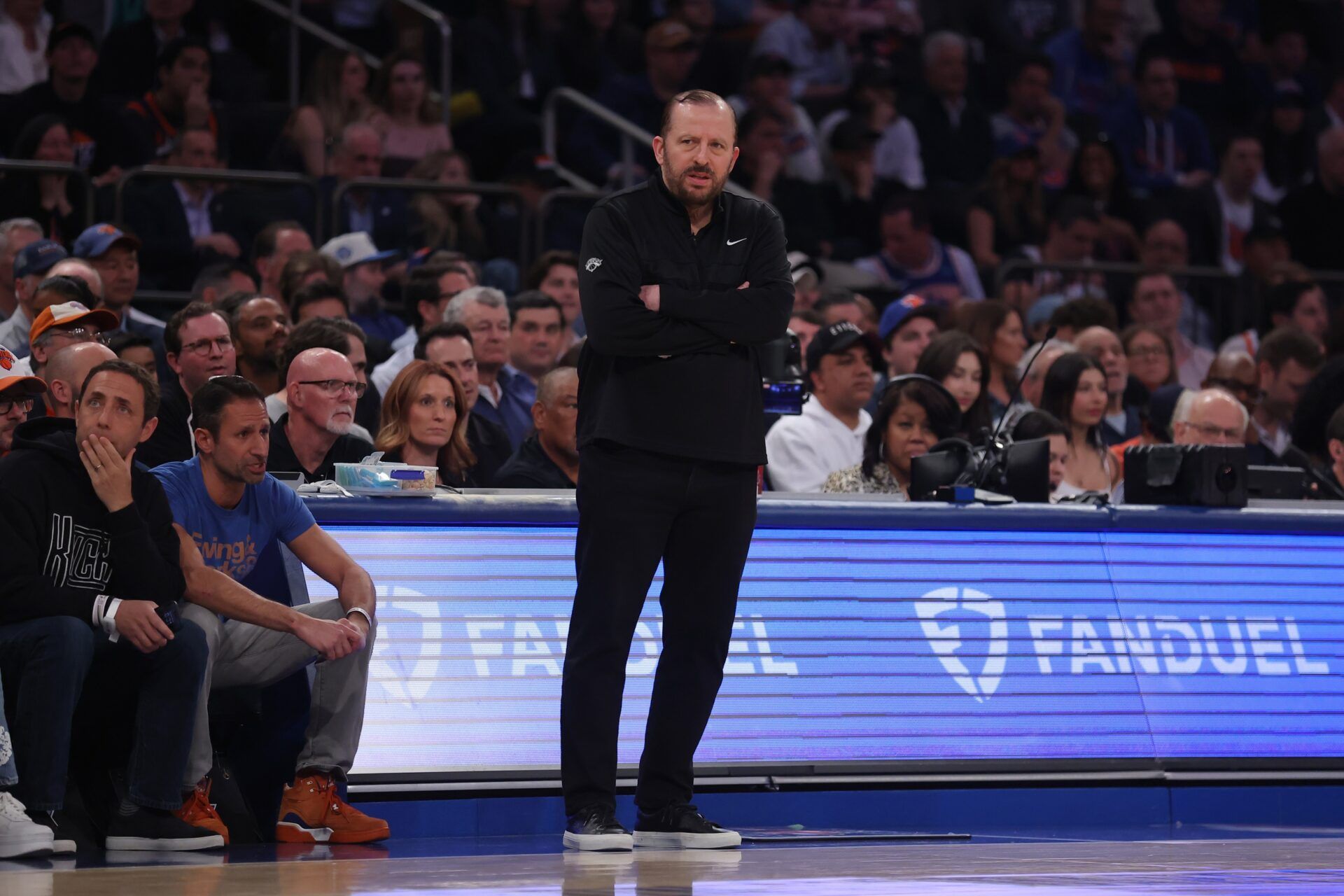New York Knicks head coach Tom Thibodeau looks on in the first quarter against the Indiana Pacers during game five of the eastern conference finals for the 2025 NBA Playoffs at Madison Square Garden.