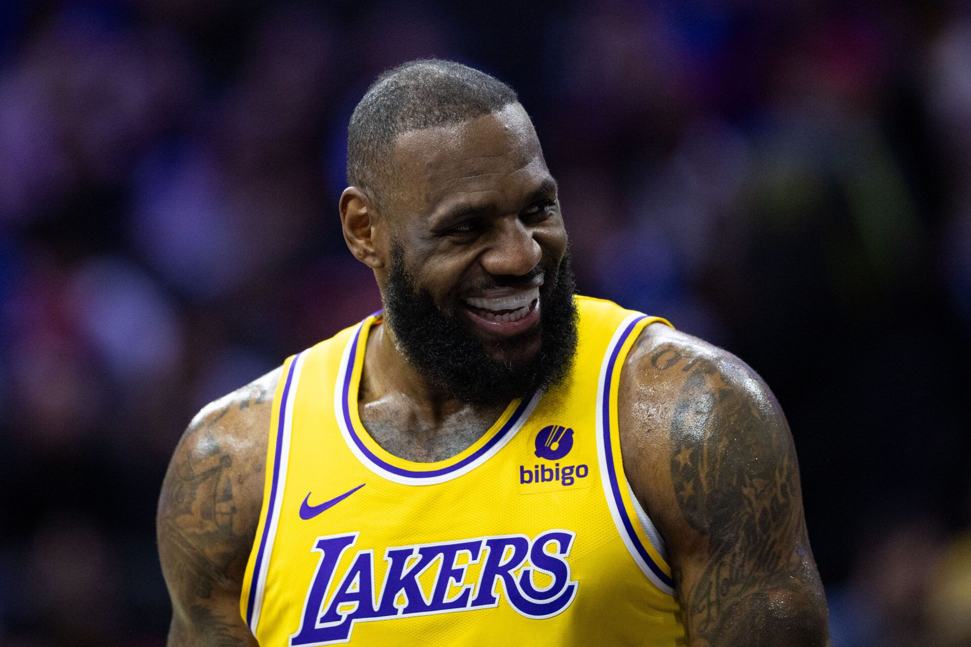 Los Angeles Lakers forward LeBron James (23) smiles after a Philadelphia 76ers foul during the first quarter at Wells Fargo Center.
