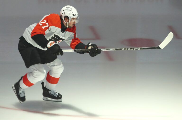 Philadelphia Flyers left wing Noah Cates (27) takes the ice to warm up against the Pittsburgh Penguins at PPG Paints Arena.