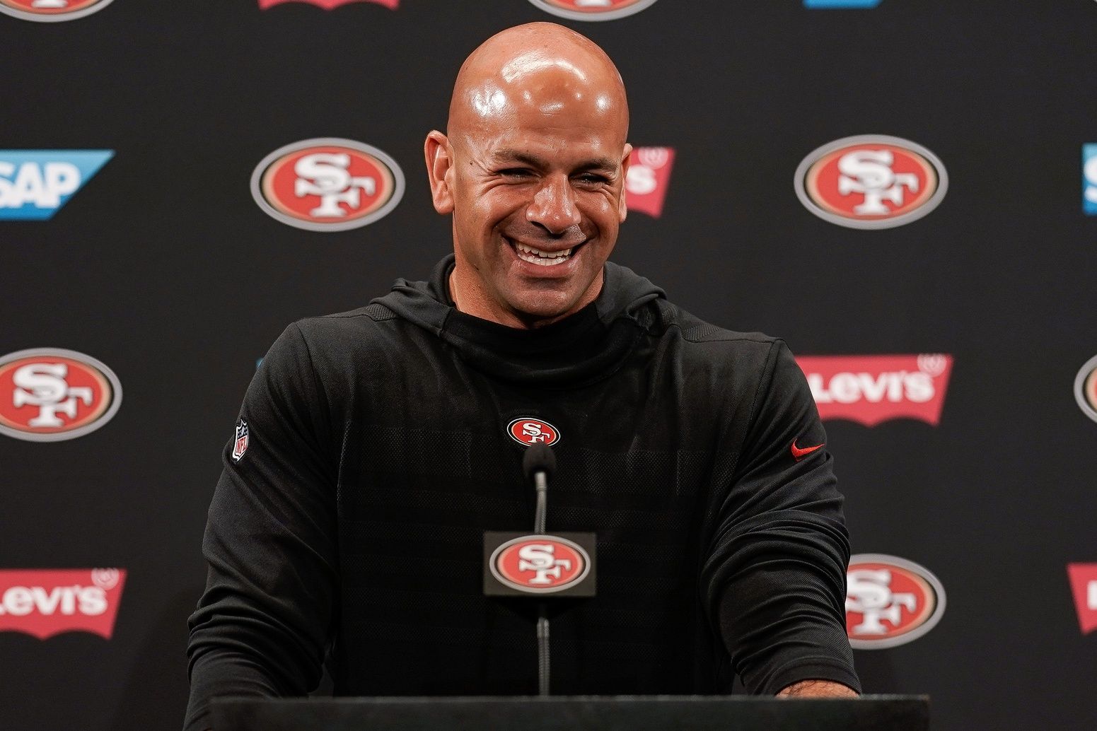San Francisco 49ers defensive coordinator Robert Saleh speaks to the media after  training camp at Levi's Stadium.