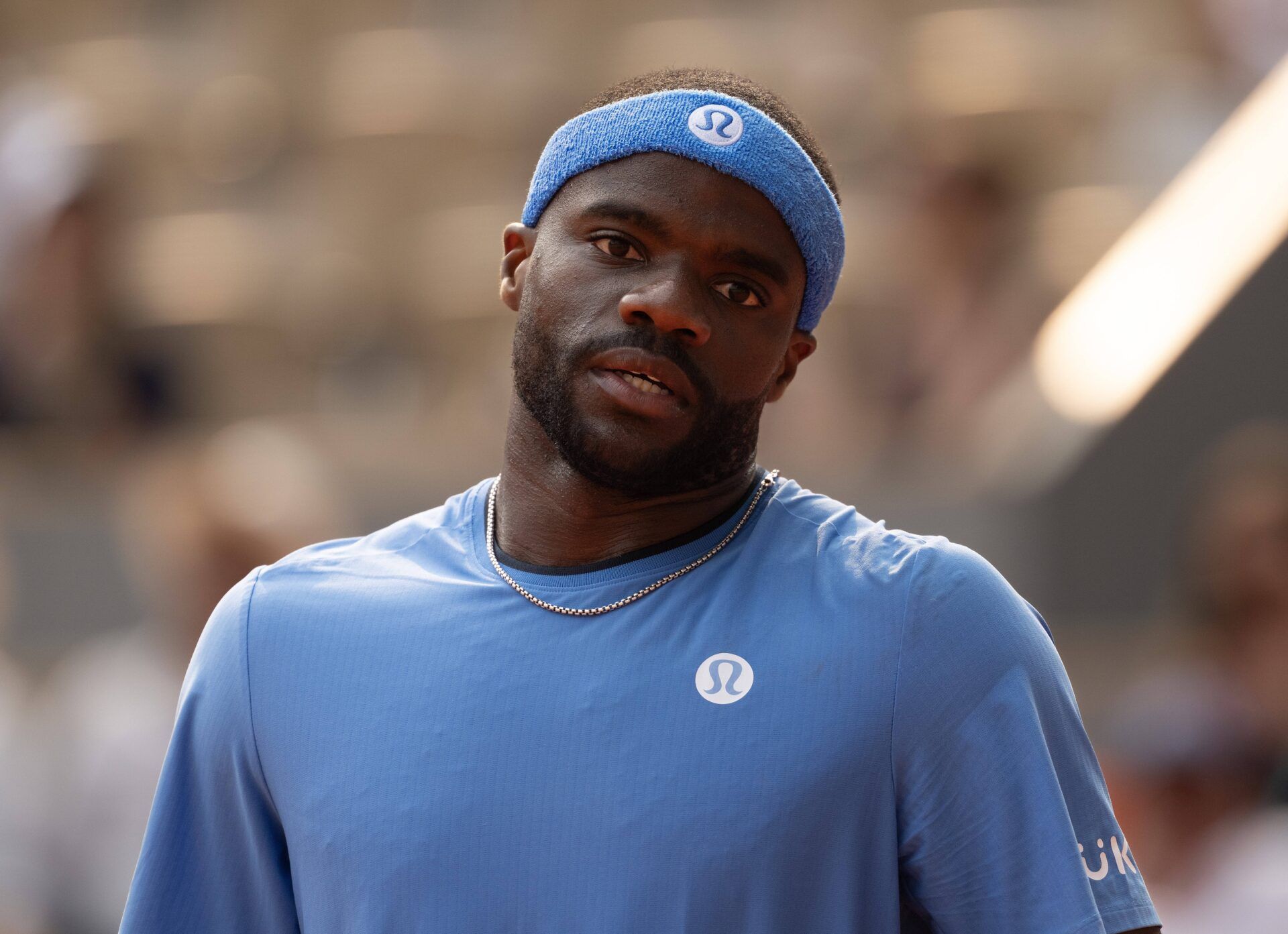 Frances Tiafoe of the United States during his match  against Lorenzo Musetti of Italy on day 10 at Roland Garros Stadium.