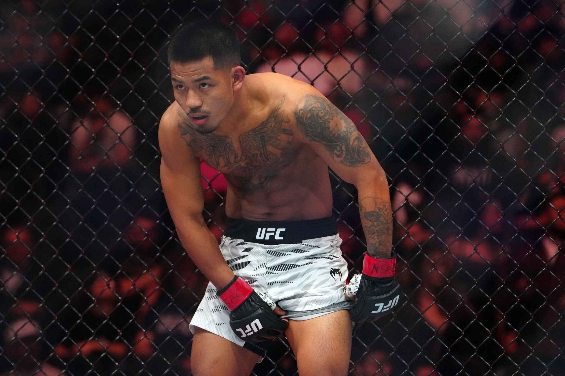 Joshua Van (red gloves) prepares to fight Rei Tsuruya (not pictured) during UFC 313 at T-Mobile Arena.