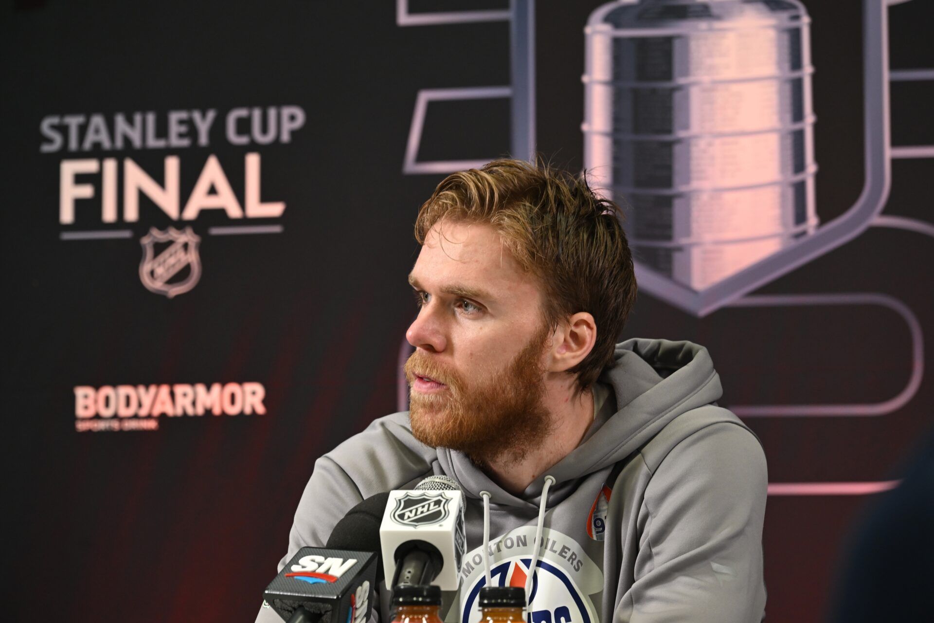 Edmonton Oilers centre Connor McDavid (97) takes questions during media day in advance of the 2025 Stanley Cup Final at Rogers Place.