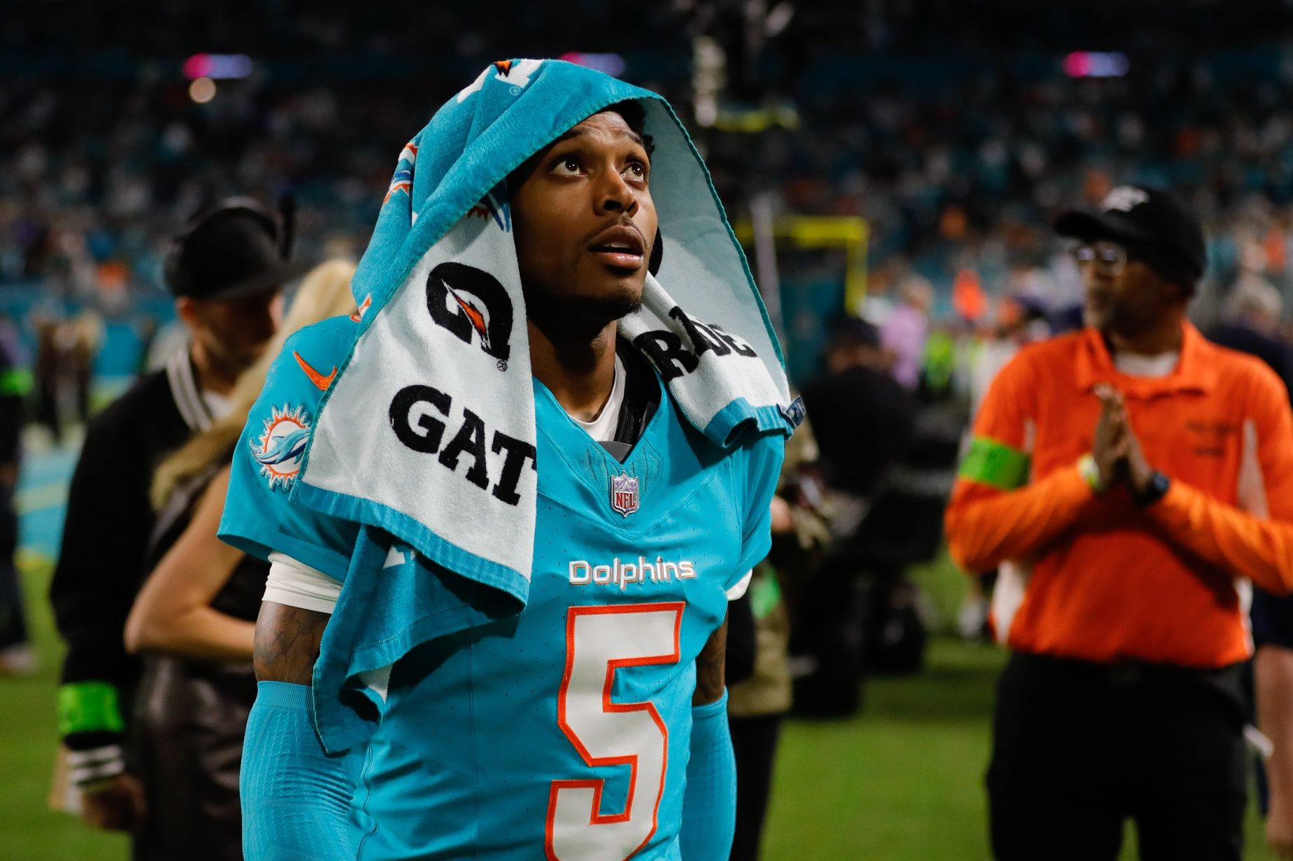 Miami Dolphins cornerback Jalen Ramsey (5) looks on as he walks toward the locker room against the Tennessee Titans during halftime at Hard Rock Stadium.