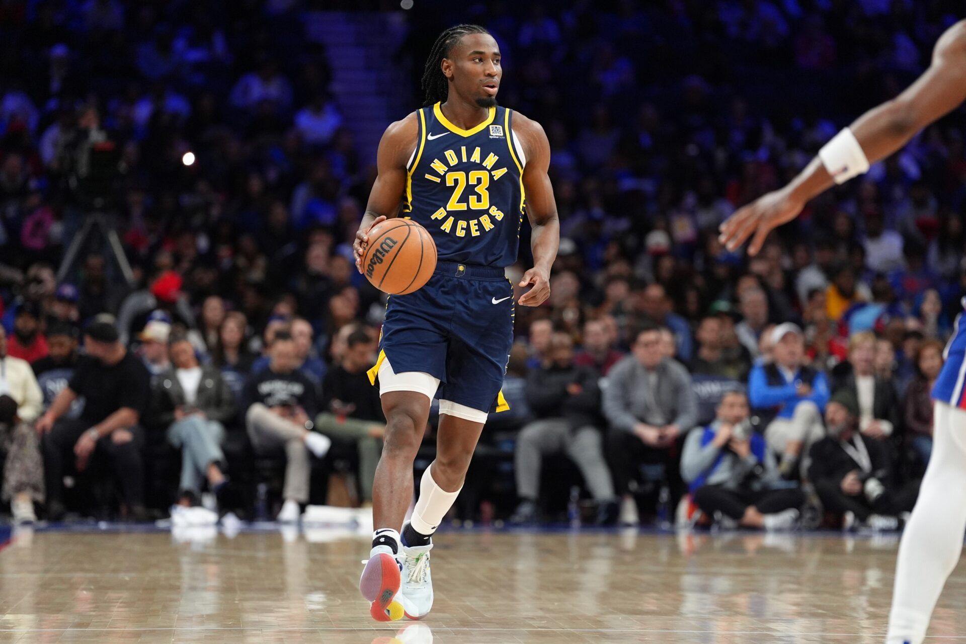 Indiana Pacers guard Aaron Nesmith (23) controls the ball against the Philadelphia 76ers in the third quarter at Wells Fargo Center.