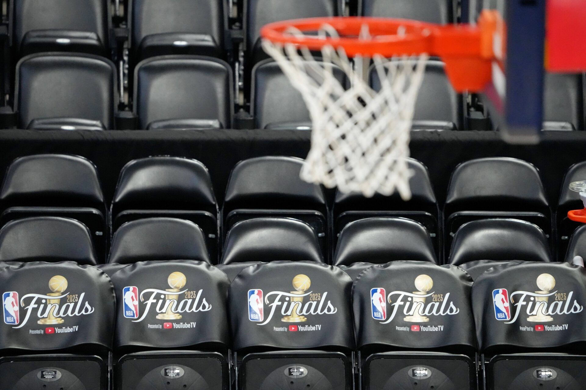 A general view of team benches with the 2023 NBA Finals logo during a practice session on media day before the 2023 NBA Finals at Ball Arena.