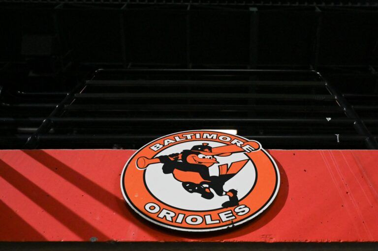 A detailed view of a Baltimore Orioles logo in the stands during the game against the Boston Red Sox  at Oriole Park at Camden Yards.