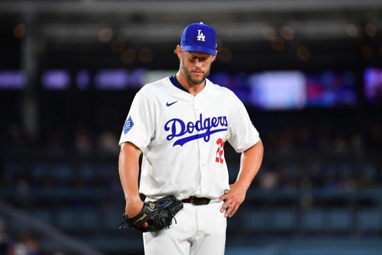 Los Angeles Dodgers pitcher Clayton Kershaw (22) reacts during the fifth inning at Dodger Stadium.