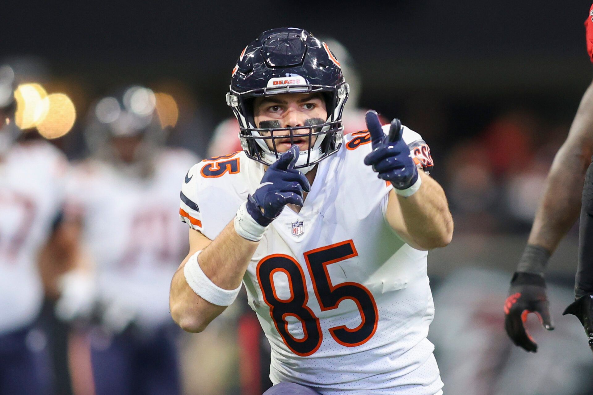 Chicago Bears tight end Cole Kmet (85) reacts after a catch against the Atlanta Falcons in the second quarter at Mercedes-Benz Stadium.