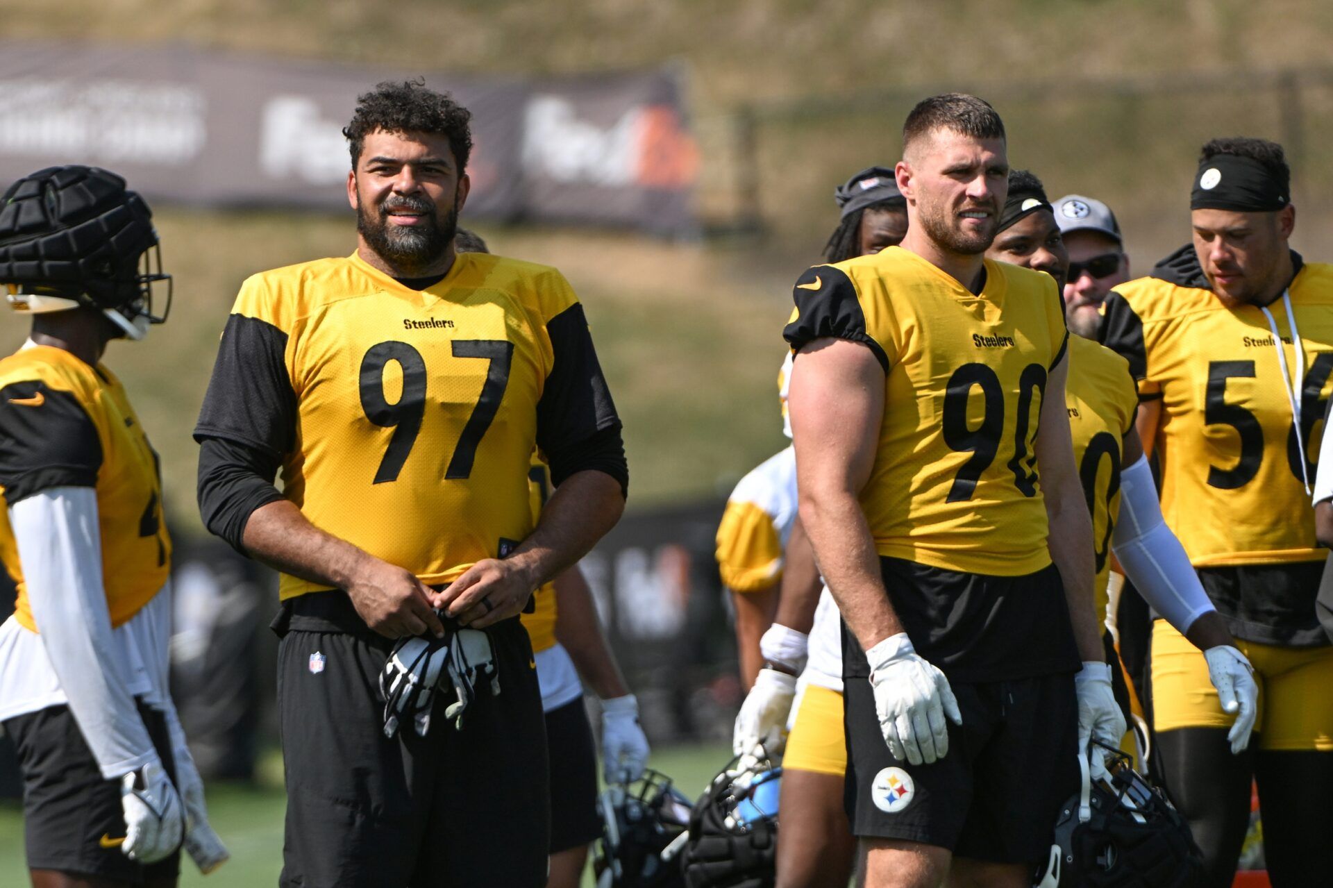 Pittsburgh Steelers defensive tackle Cameron Heyward (97) and linebacker T.J. Watt (90) participate in drills during training camp at Saint Vincent College.
