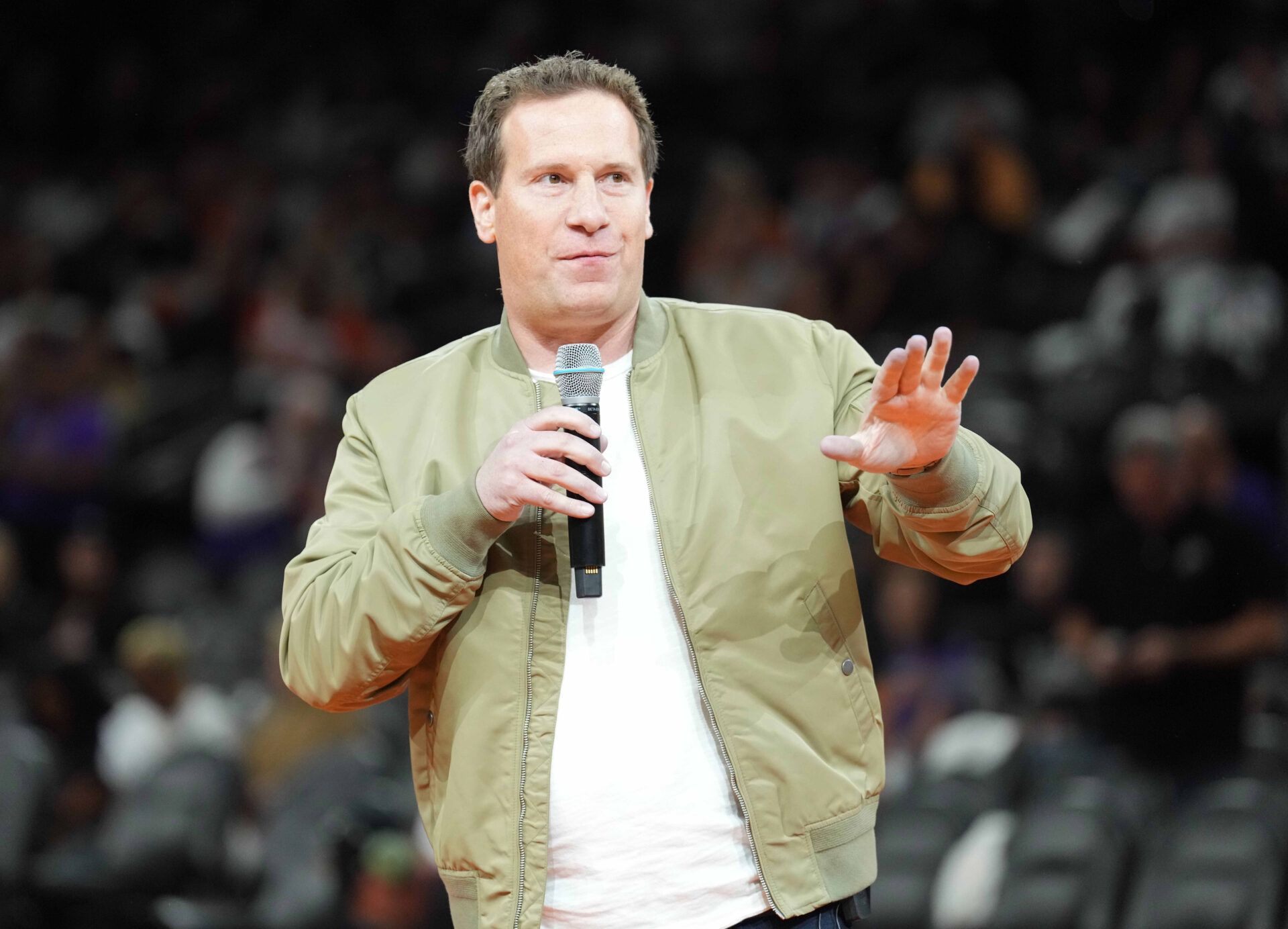 Phoenix Suns owner Matt Ishbia greets fans during a Ring of Honor half time ceremony of the game against the Utah Jazz at Footprint Center.
