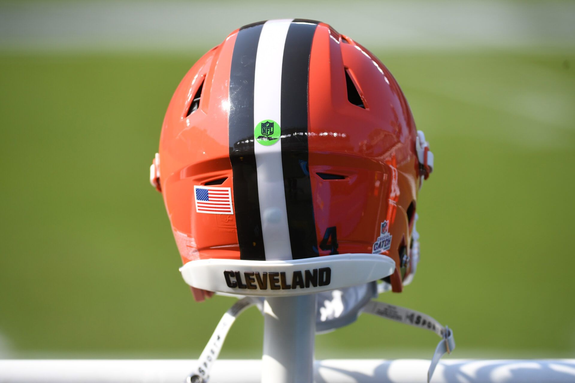 Cleveland Browns helmet on the bench before game against the Philadelphia Eagles at Lincoln Financial Field.