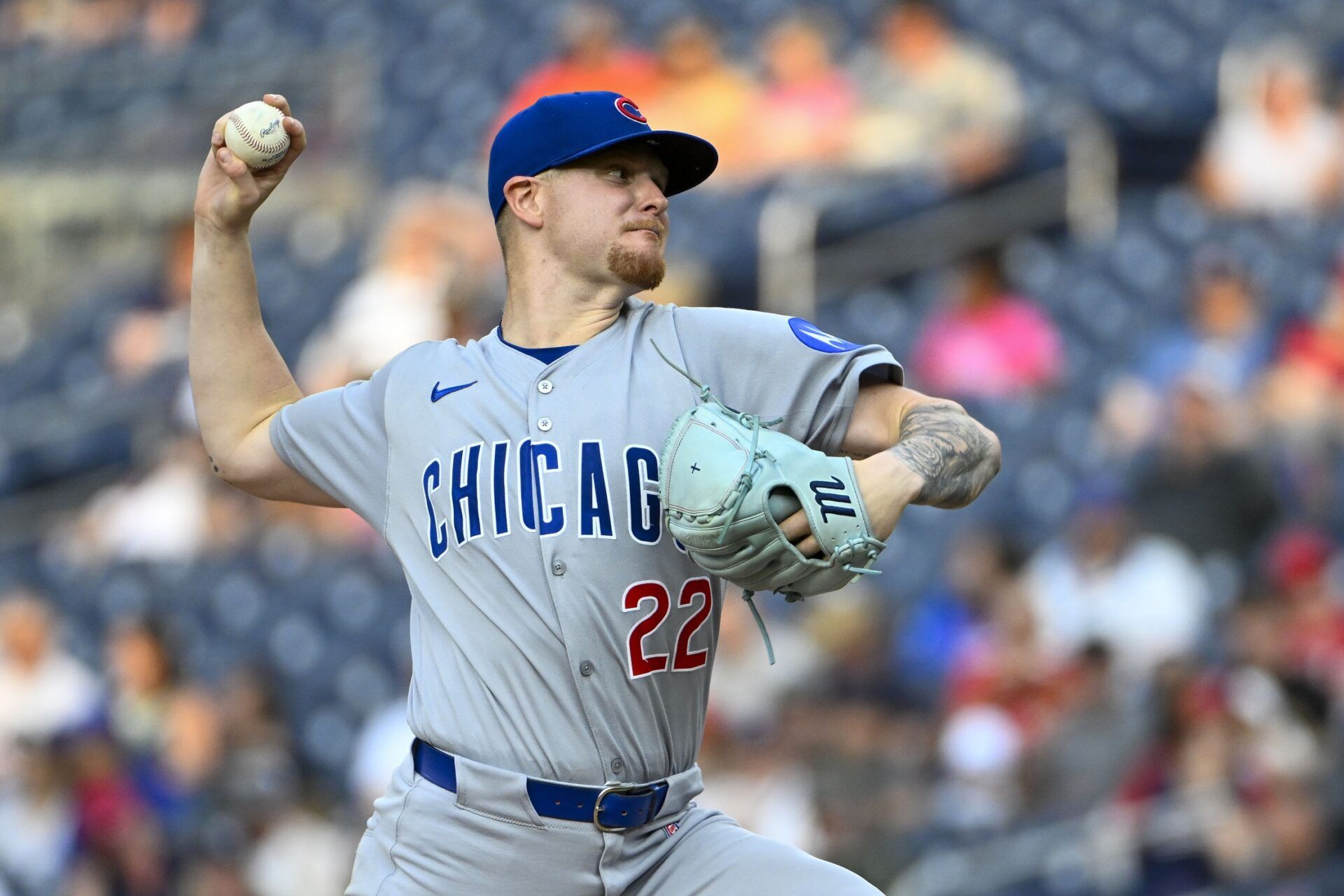 Chicago Cubs starting pitcher Cade Horton (22) throws to the Washington Nationals during the first inning at Nationals Park.