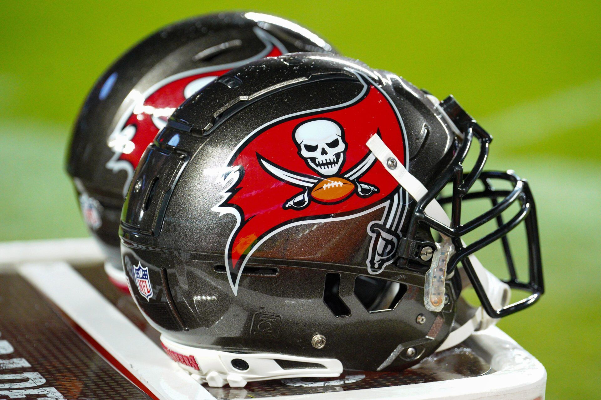 A general view of Tampa Bay Buccaneers helmets against the Kansas City Chiefs during the first half at GEHA Field at Arrowhead Stadium.