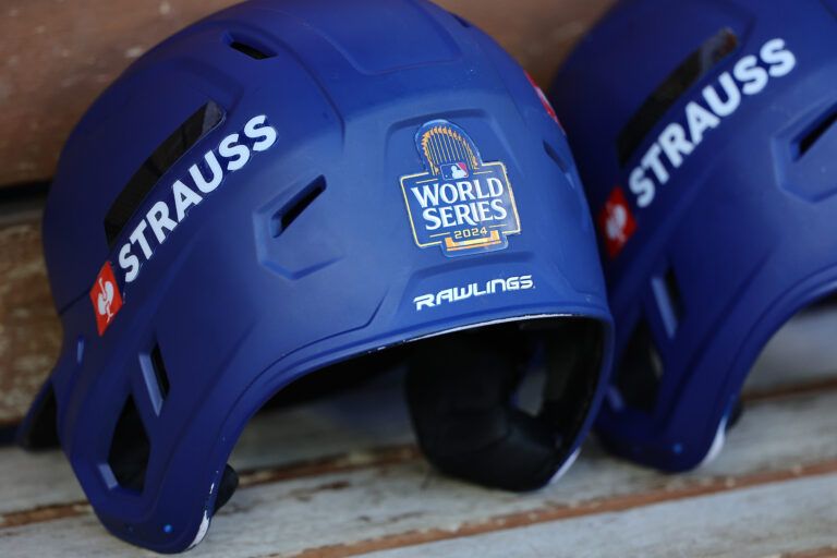 LOS ANGELES, CALIFORNIA - OCTOBER 26: A detailed view of a helmet is seen with a World Series logo before the New York Yankees take on the Los Angeles Dodgers during Game Two of the 2024 World Series at Dodger Stadium on October 26, 2024 in Los Angeles, California. (Photo by Alex Slitz/Getty Images)
