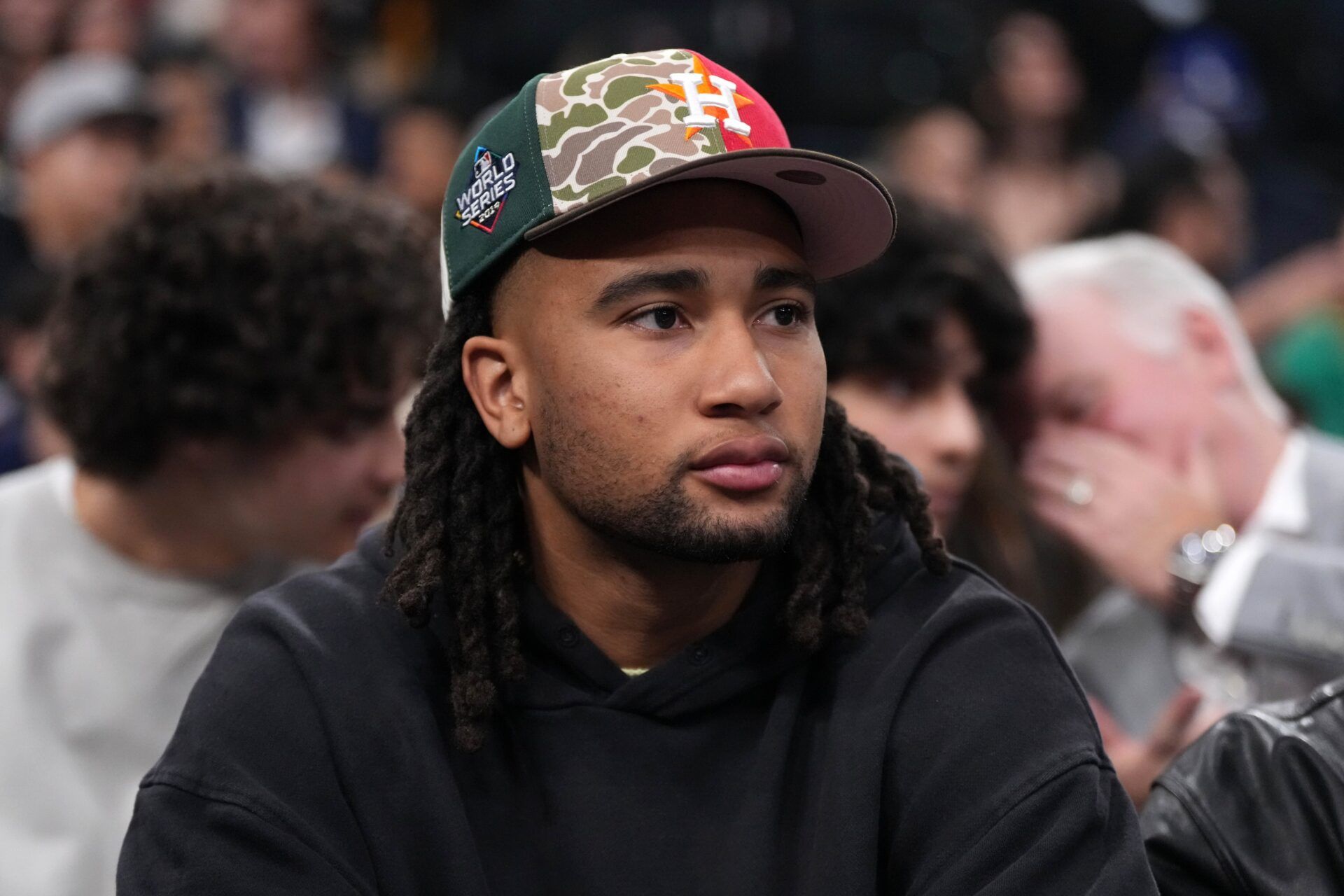 Houston Texans quarterback C.J. Stroud attends game six of first round for the 2025 NBA Playoffs between the Denver Nuggets and the LA Clippers at Intuit Dome.