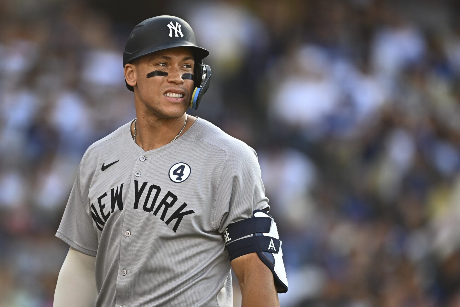 New York Yankees outfielder Aaron Judge (99) reacts after striking against the Los Angeles Dodgers during the sixth inning at Dodger Stadium.