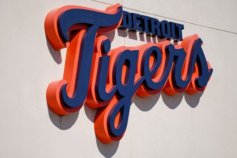 A general view of the Detroit Tigers script logo on the building at Publix Field at Joker Marchant Stadium during the spring training game between the Detroit Tigers and the Toronto Blue Jays.