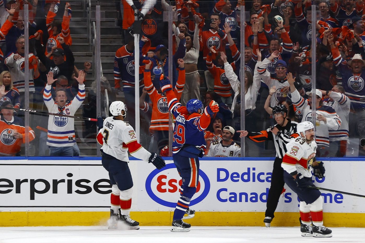 Edmonton Oilers center Leon Draisaitl (29) reacts after scoring the game winning goal during overtime against the Florida Panthers in game one of the 2025 Stanley Cup Final at Rogers Place.