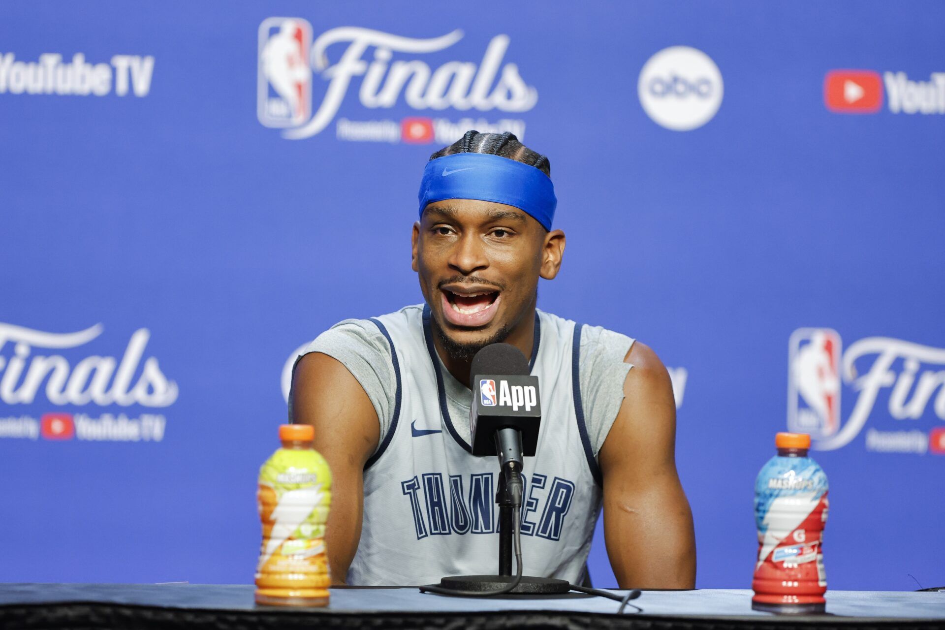Oklahoma City Thunder guard Shai Gilgeous-Alexander (2) during NBA Finals Media Day at Paycom Center.