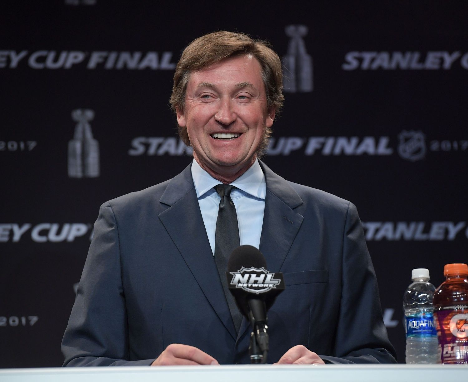 NHL NHL Centennial Ambassador Wayne Gretzky addresses the media with the announcement of the Greatest NHL Team as determined by fans before game four of the 2017 Stanley Cup Final at Bridgestone Arena. Mandatory Credit: 
Scott Rovak-USA TODAY Sports