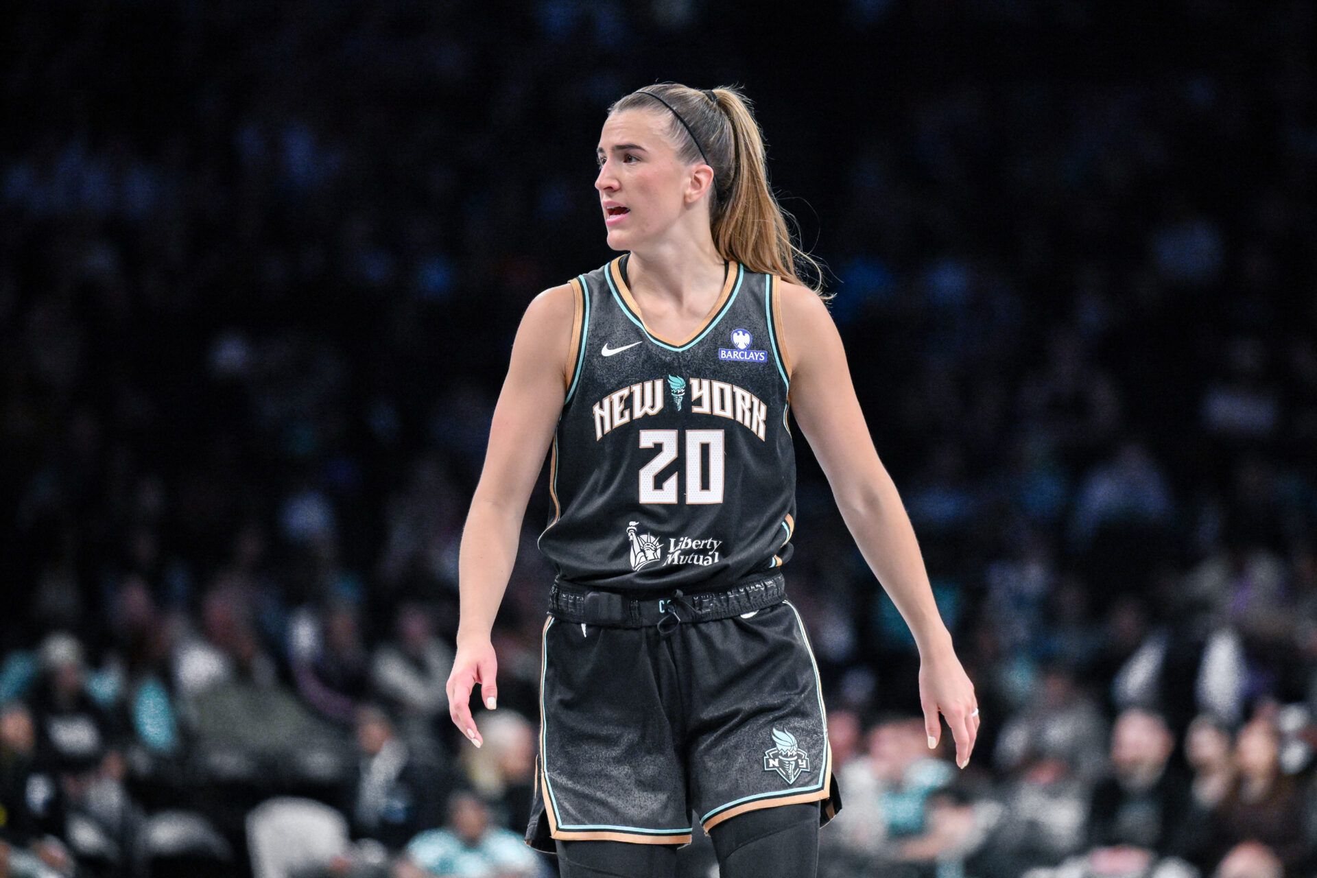 New York Liberty guard Sabrina Ionescu (20) during the first half against the Golden State Valkyries at Barclays Center.