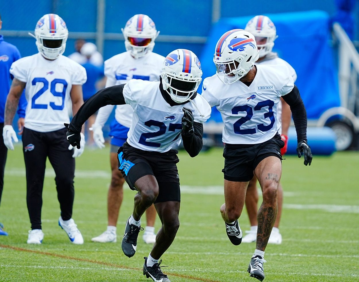 Buffalo Bills Tre’Davious White and Dane Jackson race during a drill at the practice facility on May 27, 2025.