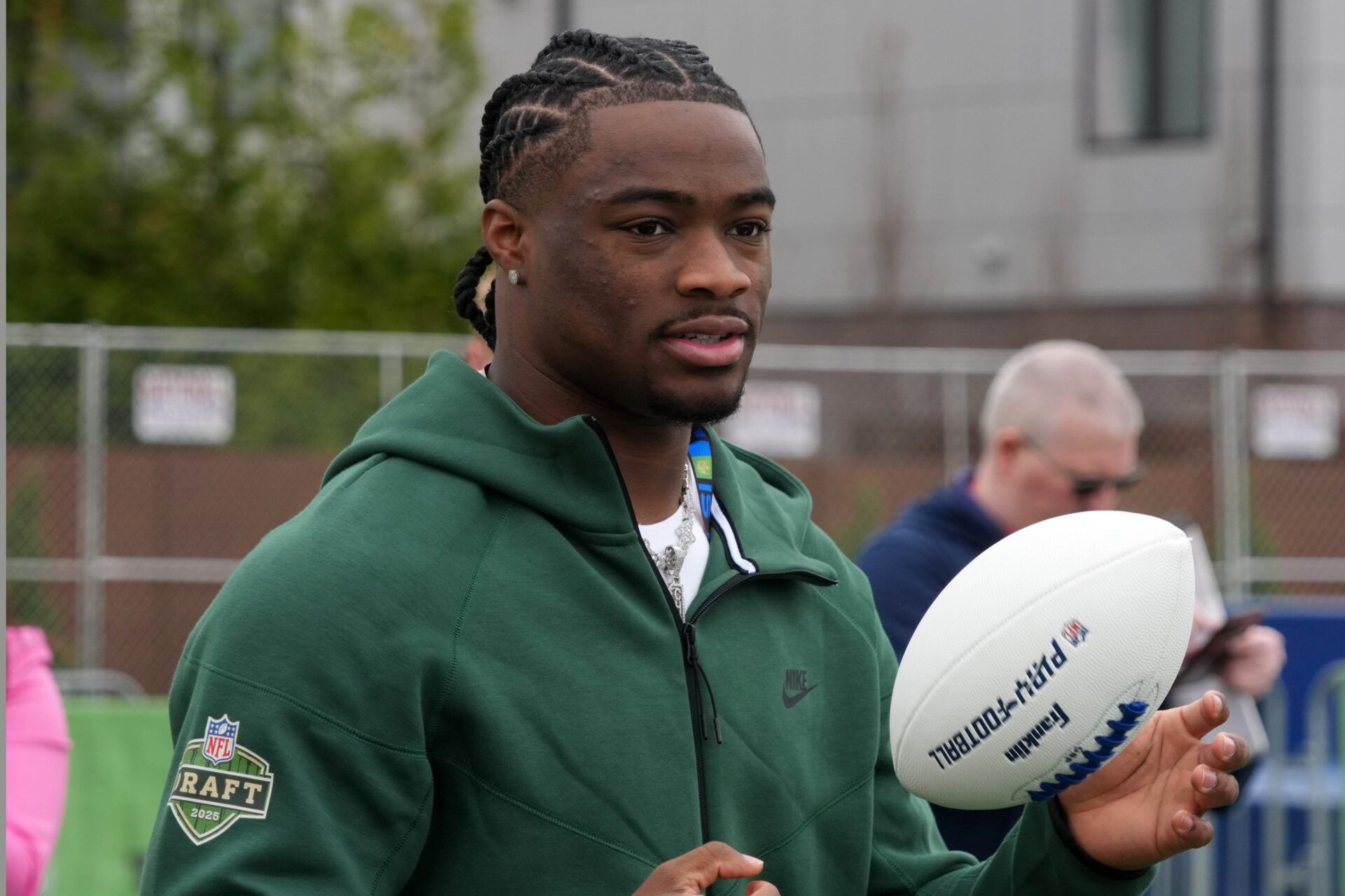 Alabama Crimson Tide quarterback Jalen Milroe during the NFL Draft prospect clinic with Special Olympics at Draft Experience Field at Titletown.