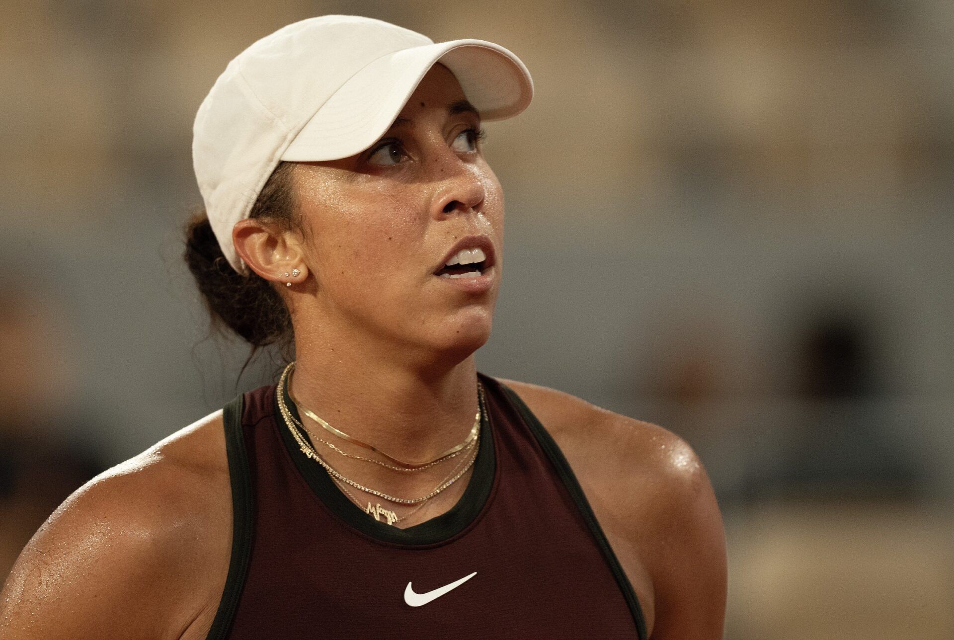 Madison Keys of the United States reacts to a point during her match  against Coco Gauff of the United States on day 11 at Roland Garros Stadium.