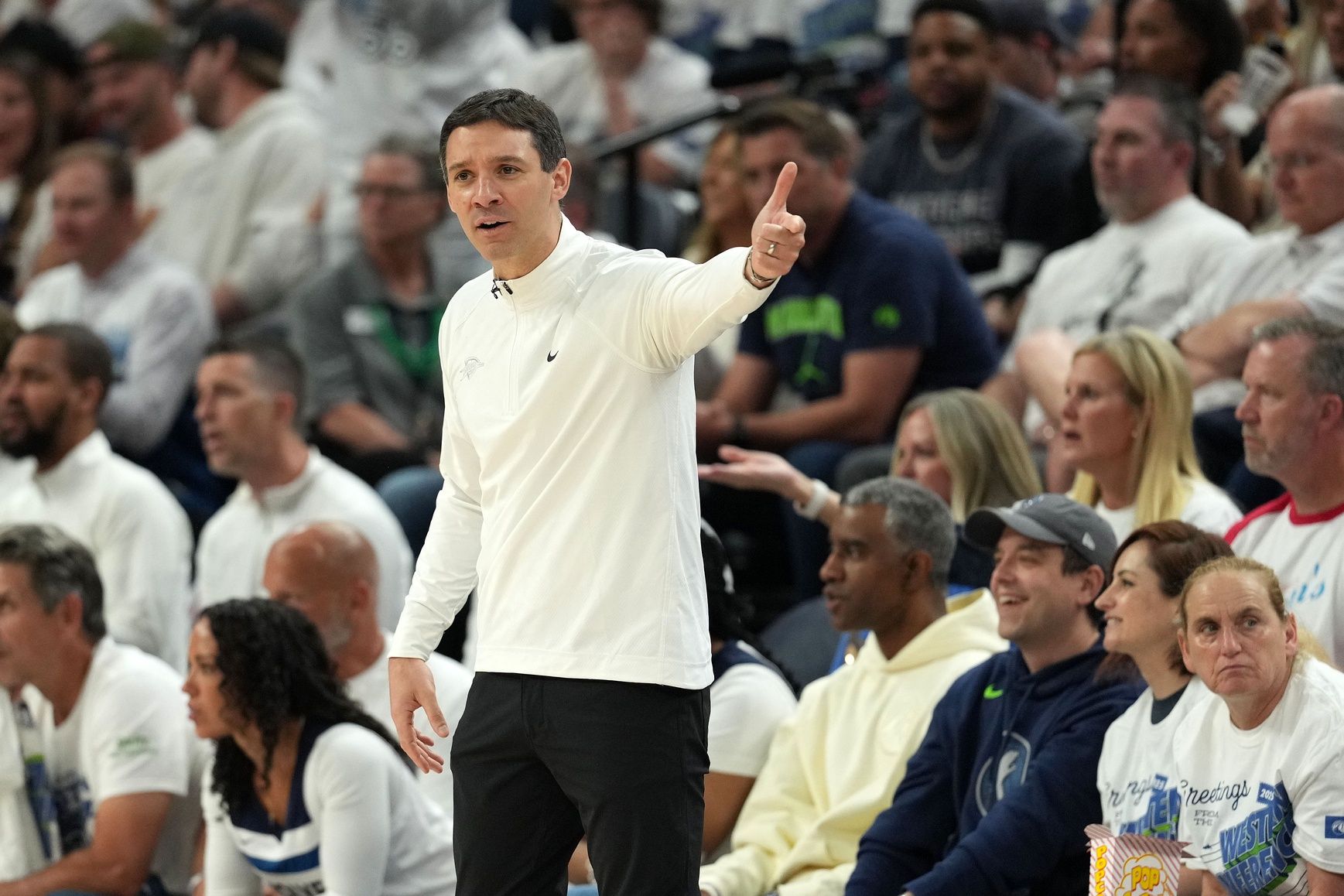 Oklahoma City Thunder head coach Mark Daigneault  reacts in the first half during game four of the western conference finals for the 2025 NBA Playoffs at Target Center.