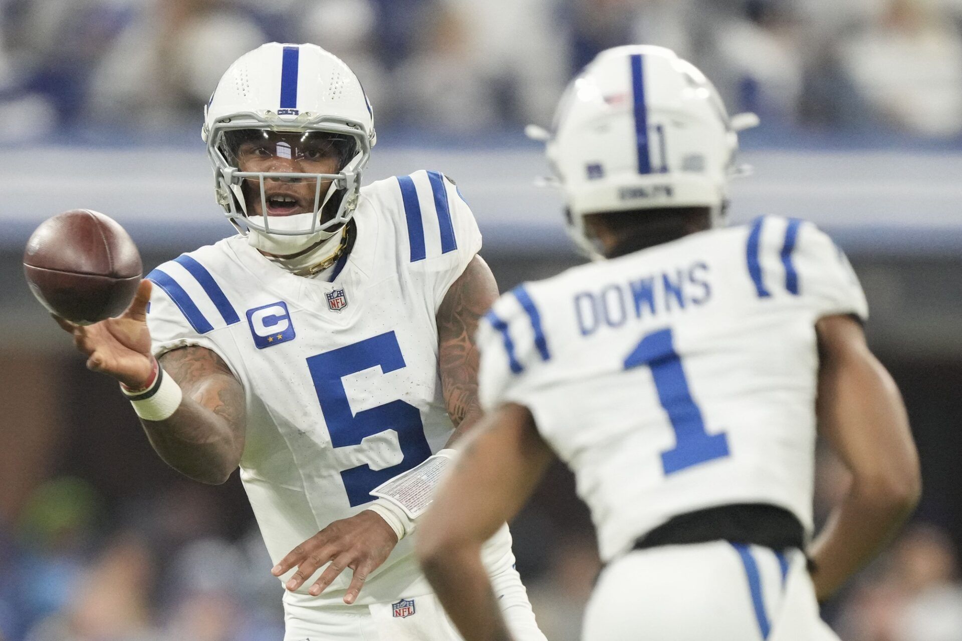 Indianapolis Colts quarterback Anthony Richardson (5) passes to Indianapolis Colts wide receiver Josh Downs (1) during a game against the Tennessee Titans at Lucas Oil Stadium at Lucas Oil Stadium.