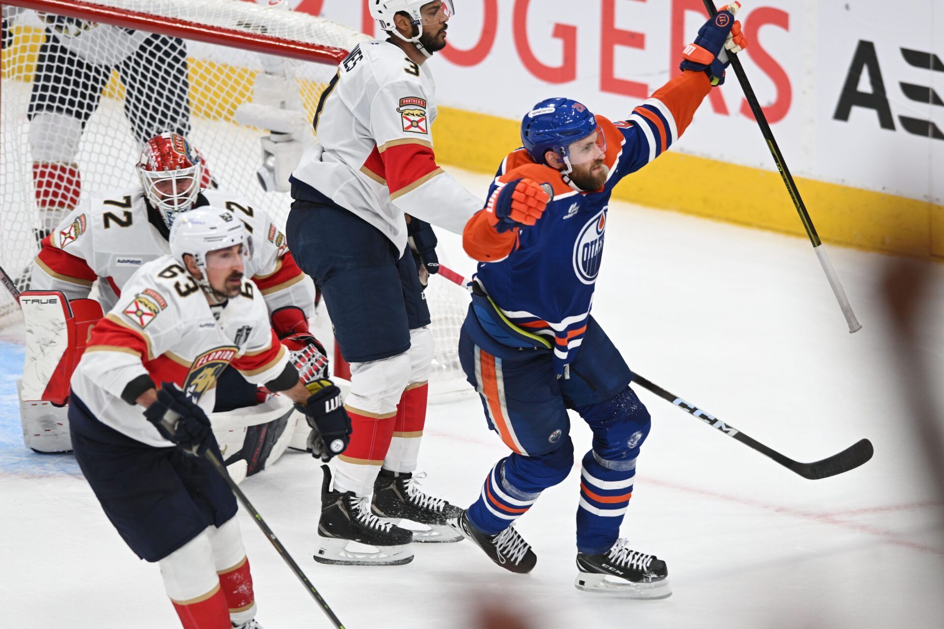 Edmonton Oilers center Leon Draisaitl (29) reacts after scoring the game winning goal in overtime against the Florida Panthers in game one of the 2025 Stanley Cup Final at Rogers Place.