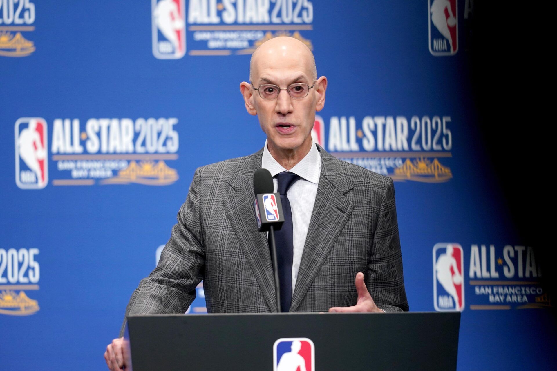 NBA commissioner Adam Silver speaks in a press conference during All Star Saturday Night ahead of the 2025 NBA All Star Game at Chase Center.