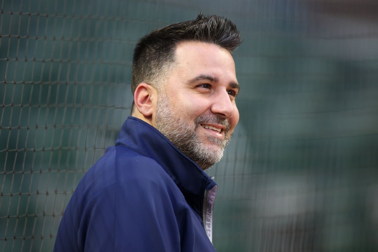 Atlanta Braves general manager Alex Anthopoulos watches a workout before the NLDS against the Philadelphia Phillies at Truist Park.