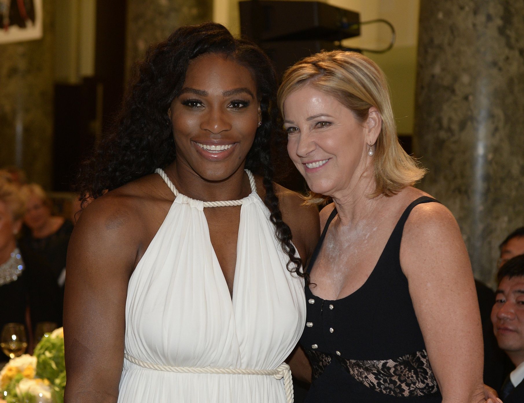 2014 women's singles champion Serena Williams (USA) with Chris Evert at the ITF Champions Dinner on day 10 Pavillon Cambon Capucines.