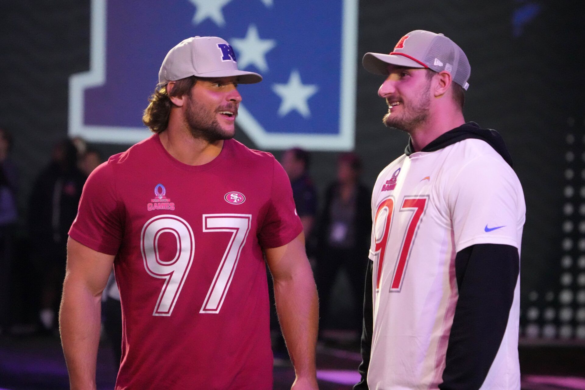 NFC defensive end Nick Bosa of the San Francisco 49ers (left) with brother and AFC linebacker Joey Bosa during the Pro Bowl Skills Challenge at Nicholson Fieldhouse.
