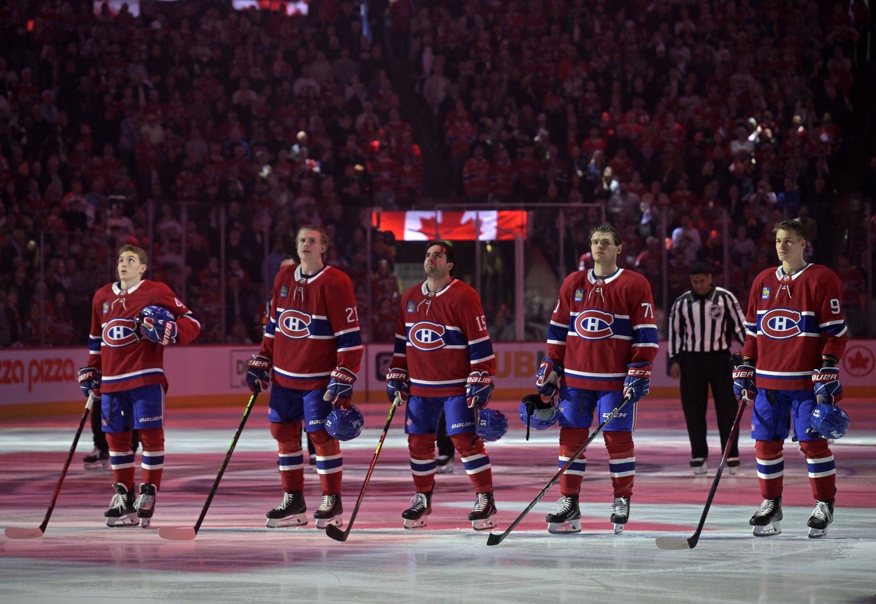 Montreal Canadiens during the National Anthem in game three of the first round of the 2025 Stanley Cup Playoffs against the Washington Capitals at the Bell Centre.