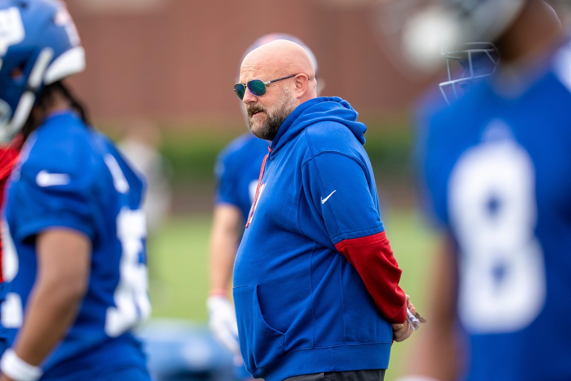 Brian Daboll, head coach of the NY Giants, is shown during a practice at Quest Diagnostics Training Center, East Rutherford, NJ, May 28, 2025.