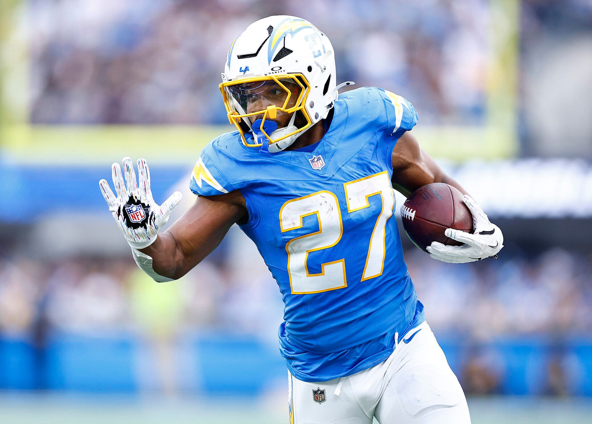 INGLEWOOD, CALIFORNIA - OCTOBER 27:  J.K. Dobbins #27 of the Los Angeles Chargers at SoFi Stadium on October 27, 2024 in Inglewood, California. (Photo by Ronald Martinez/Getty Images)