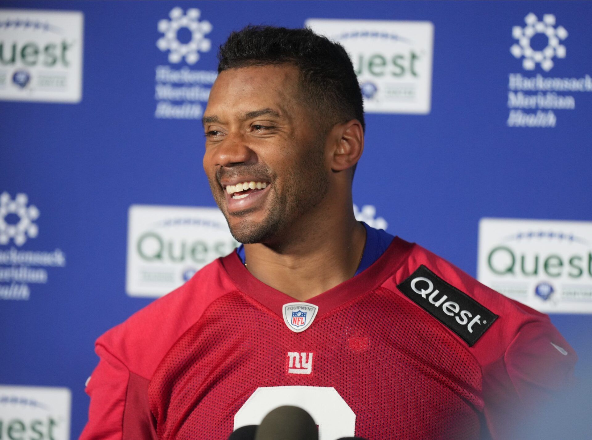 East Rutherford, NJ -- June 5, 2025 -- Quarterback, Russell Wilson being interviewed after the New York Giants players participated in their 2025 OTAÕs at the Quest Diagnostic Giants Training Center in East Rutherford.