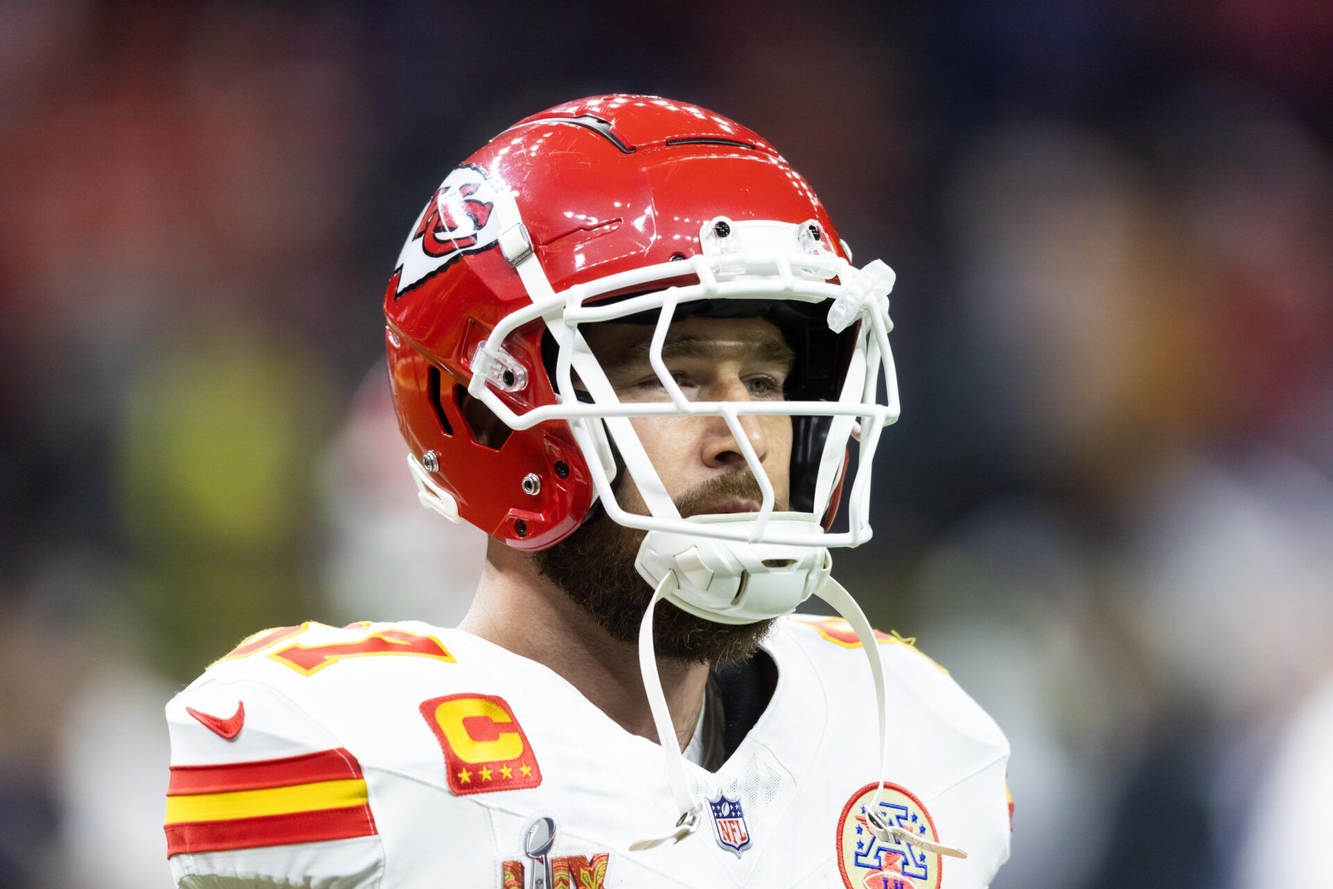 Kansas City Chiefs tight end Travis Kelce (87) against the Philadelphia Eagles in Super Bowl LIX at Ceasars Superdome.