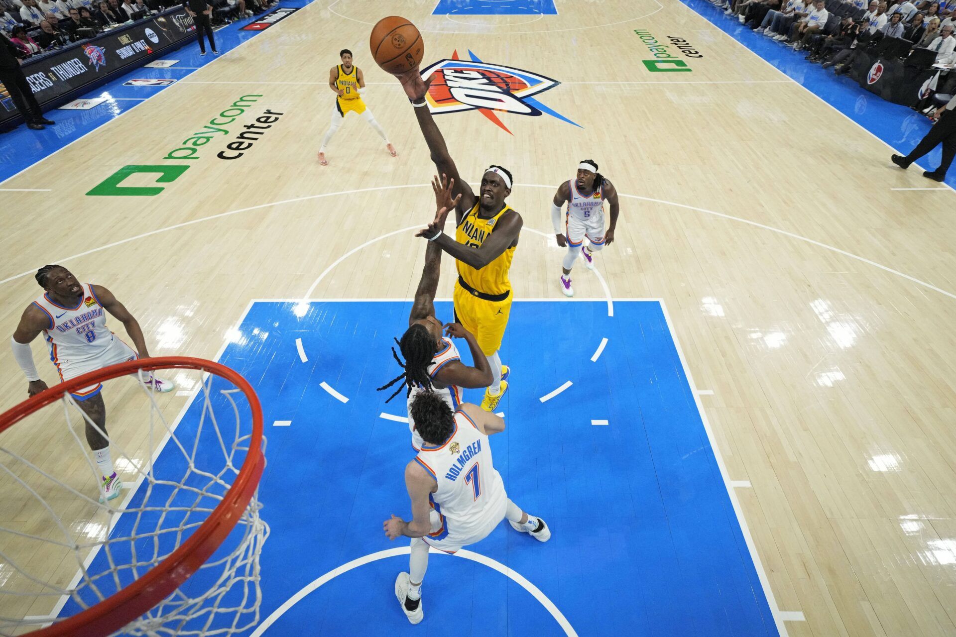 Indiana Pacers forward Pascal Siakam (43) shoots the ball against Oklahoma City Thunder guard Cason Wallace (22) during the third quarter in game one of the 2025 NBA Finals at Paycom Center.