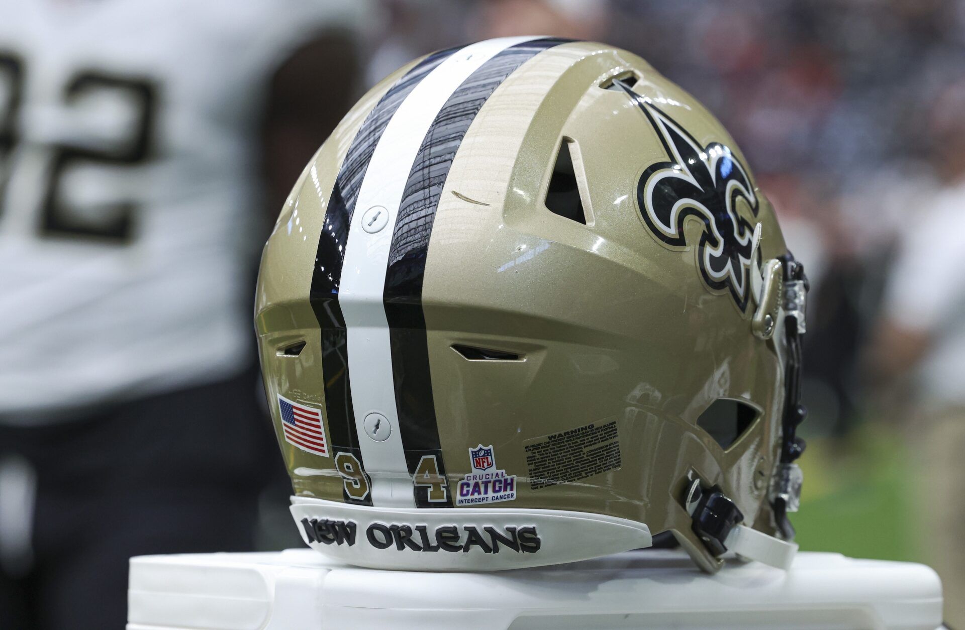 View of a Crucial Catch logo on the helmet of New Orleans Saints defensive end Cameron Jordan (94) before the game against the Houston Texans at NRG Stadium.