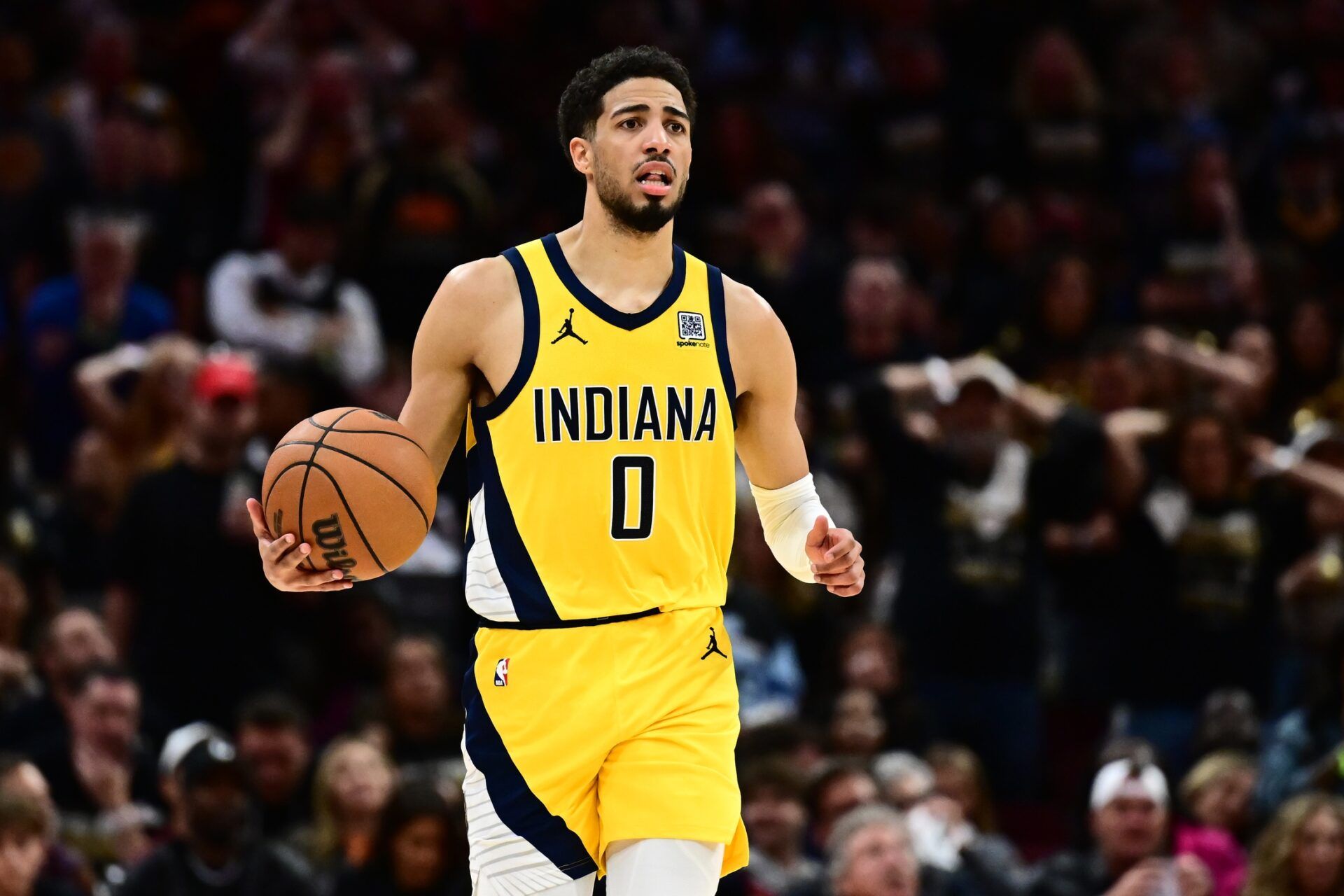 Indiana Pacers guard Tyrese Haliburton (0) brings the ball up court during the second half against the Cleveland Cavaliers in game five of the second round for the 2025 NBA Playoffs at Rocket Arena.