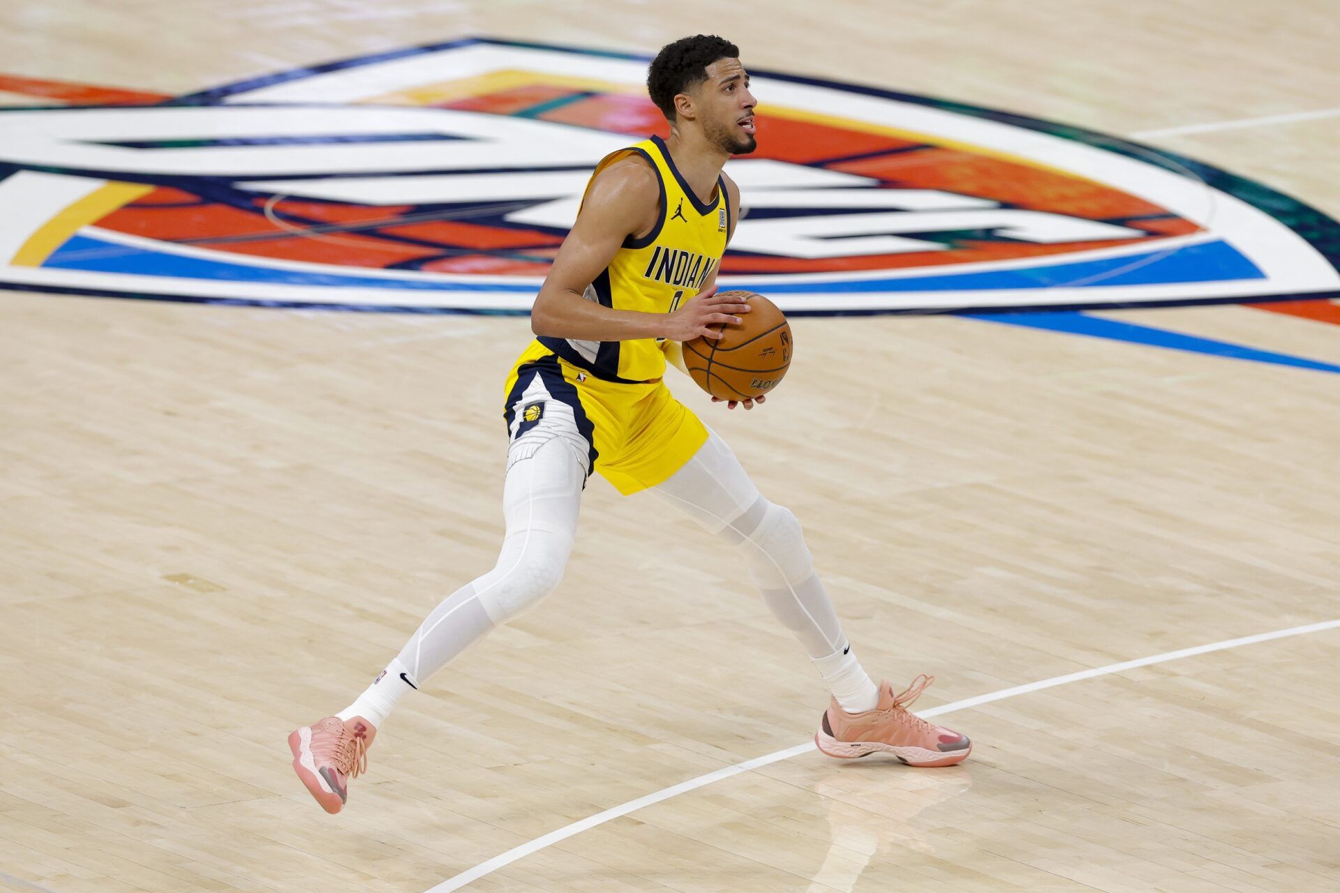 Indiana Pacers guard Tyrese Haliburton (0) shoots the ball against the Oklahoma City Thunder during the second quarter during game one of the 2025 NBA Finals at Paycom Center.