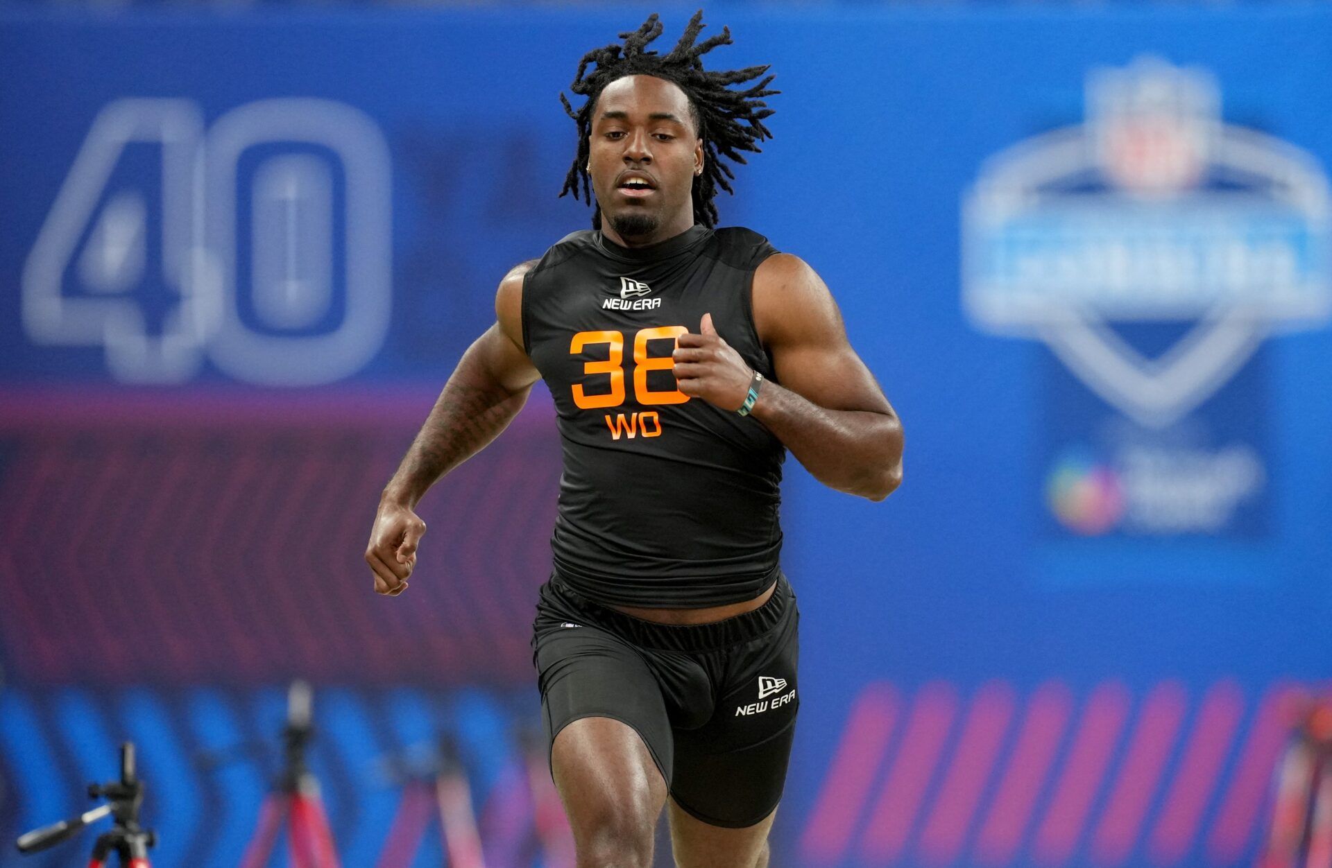 Utah State wideout Jalen Royals (WO38) during the 2025 NFL Combine at Lucas Oil Stadium.